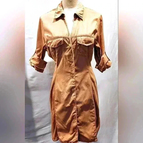 G by Guess Tan Buttoned Midi Dress with Notched Collar - Picture 1 of 7
